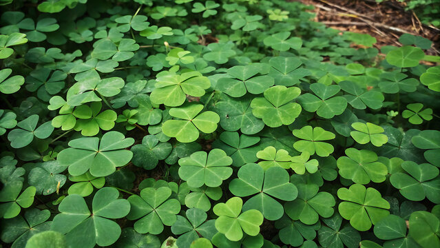 Fresh green clover leaves covering forest floor in natural sunlight overhead view close up