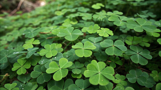 Fresh green clover leaves covering mossy ground in natural sunlight close-up overhead view