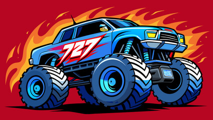A vibrant and dynamic vector illustration of a blue monster truck with large tires and flames in the background © MrRiponIslam