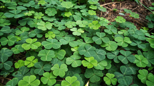 Fresh green clover leaves covering ground in natural sunlight close-up overhead view texture background