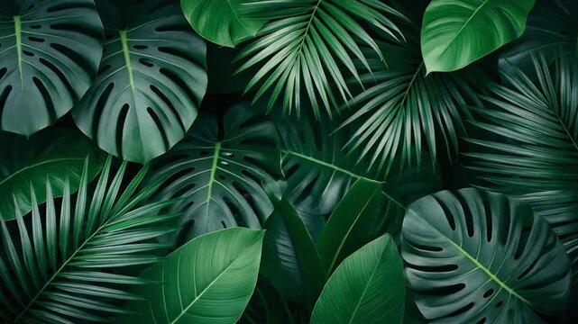 Dark Green Tropical Leaves Background Texture Featuring Monstera and Palm Foliage