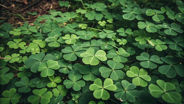 Fresh green clover leaves covering forest ground in natural sunlight close-up overhead view