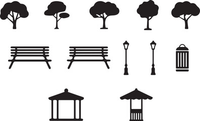 Black and white silhouette of park furniture and trees