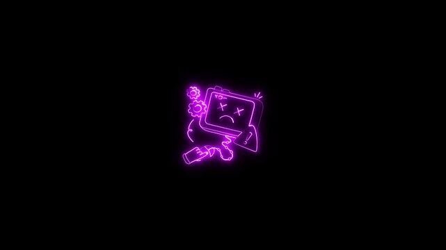 Neon purple cartoon computer error screen with gears and warning sign on black background illustration