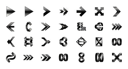 monochromatic abstract arrow and symbol icons for modern digital design web interfaces and conceptual graphic visual communication.