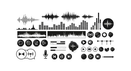 Obraz premium monochromatic vector set of audio wave forms sound equalizers and media player interface icons for digital sound technology apps.