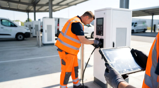 EV fleet depot maintenance technicians managing electric vehicle charging operations with tablets at outdoor charging station for logistics infrastructure service and reliability