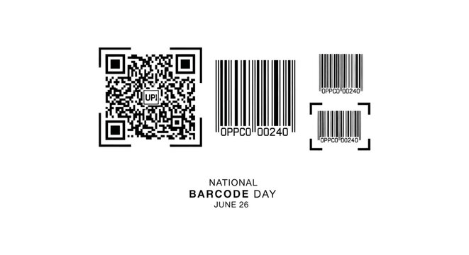national barcode day graphic showing qr code with upi logo and linear barcodes symbolizing digital payment and scanning technology.