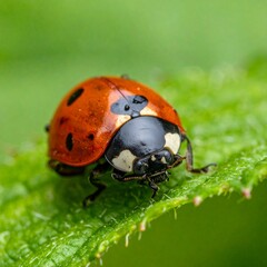 A beautiful macro close-up of a small red spotted ladybug beetle resting on a vibrant green plant leaf in a sunny summer garden wildlife setting
