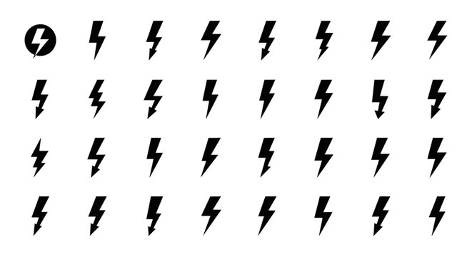 minimalist black lightning bolt icons and thunderbolt symbols representing electricity power speed and warning for graphic design projects.