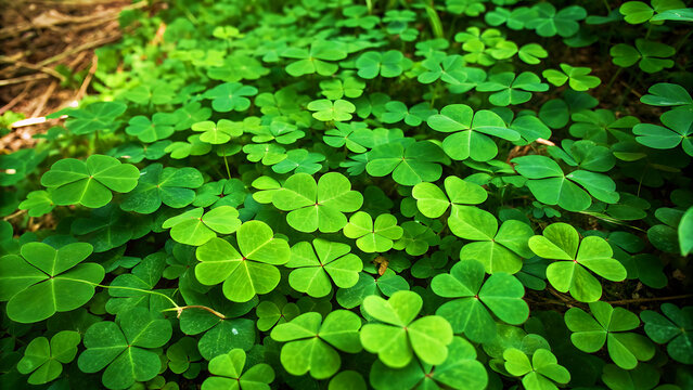 Lush green clover leaves covering forest floor in natural sunlight with fresh growth texture