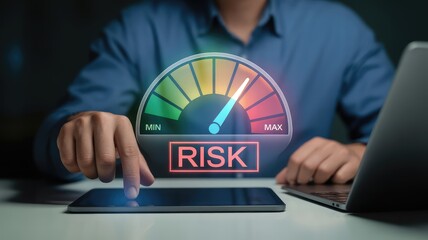 Business professional assesses risk on a digital gauge overlay interacting with a tablet and laptop in a dim o