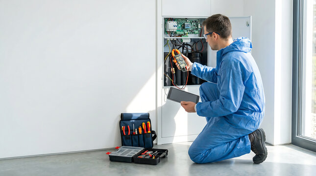 Heat pump diagnostic service visit technician testing electrical control panel with clamp meter and tablet for residential hvac maintenance troubleshooting and efficiency