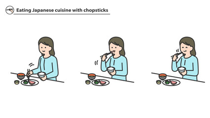 箸で和食を食べる女性