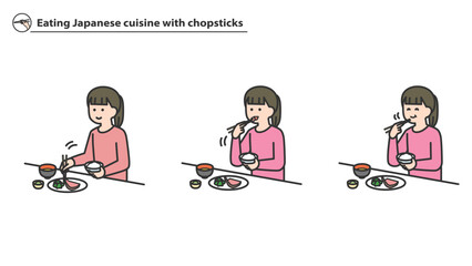 箸で和食を食べる女の子