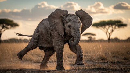 Fototapeta premium Running Elephant in Savanna at Sunset.