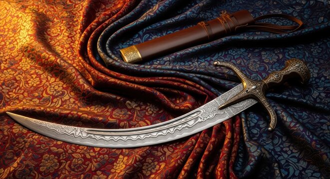Ornate middle eastern scimitar with intricate patterns on elegant fabric background