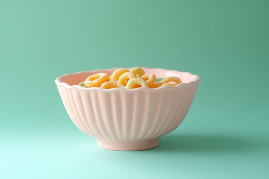 A pastel pink bowl filled with rainbow cereal loops, placed on a soft pastel mint green background 
