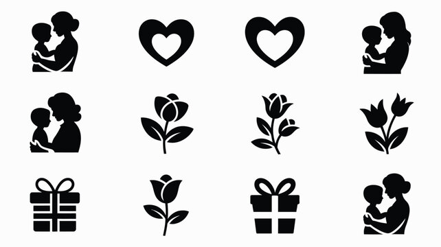 Mother's day themed black icons set including mother child silhouettes hearts flowers and gifts on white background for holiday greeting cards and celebrations