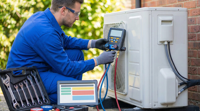 HVAC service technician performing refrigerant leak test with digital manifold gauges and tablet on outdoor air conditioner unit with professional tools
