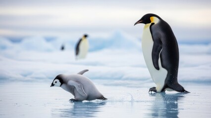 Obraz premium Penguins Standing on Iceberg in Antarctica.