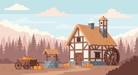 Traditional watermill with wooden wheel and cart in rural landscape. © Abhinaya Project