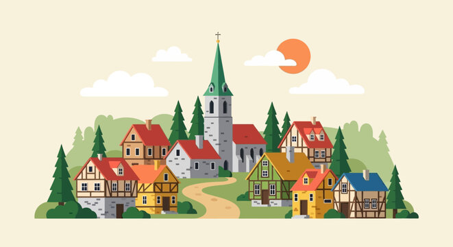 Quaint village with church and houses in a serene landscape.