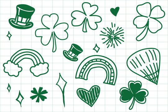 Hand-Drawn St. Patrick&rsquo;s Day Doodle Icons Featuring Shamrocks, Leprechaun Hats, Rainbows, Hearts, and Festive Irish Symbols in Green Line Art on Grid Paper.