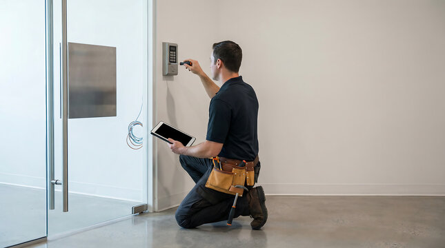 Commercial security technician installing smart door access keypad system using tablet for configuration and building entry control in modern facility