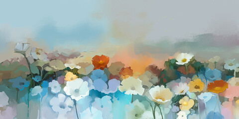 Digital painting, Abstract art, Oil painting pastel color landscape with flower plant, blossom wildflower, field, meadow. Illustration artwork, summer - spring nature. Impressionist art  © nongkran_ch