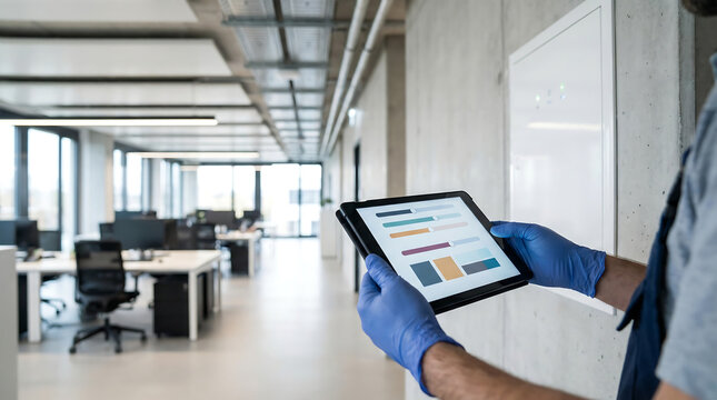 Smart building electrician commissioning lighting control system using tablet dashboard in modern office corridor for energy efficient automation and monitoring