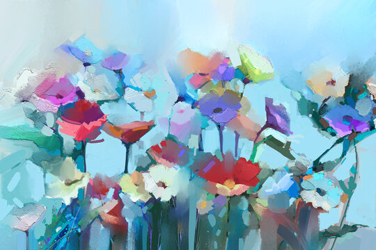 Abstract oil painting colourful spring flower. Hand paint brush stroke on canvas. Illustration oil painting colorful, closeup floral for wallpaper background. Modern impressionism art paintings
