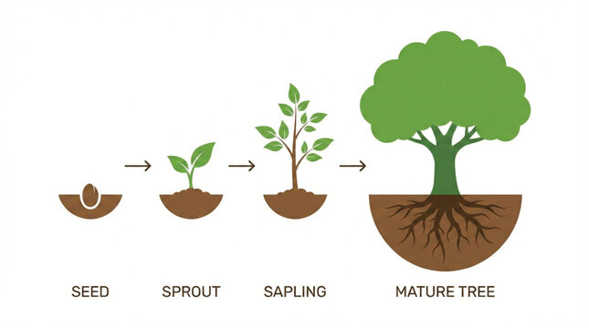 Vector illustration stages of plant growth. From a seed in the soil, to a small sprout, a sapling, and finally a large mature green tree with strong roots