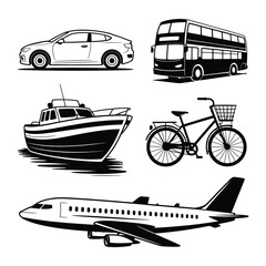 Obraz premium Transportation Collection: An illustrative collection showcasing various modes of transportation in a sleek, monochrome style. This set encompasses a sleek car, a double-decker bus, a stylish boat.