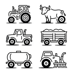 Farm Icons Collection: A collection of simple line art icons featuring essential farming elements like a tractor, a bull, a pickup, a trailer, a tanker and another tractor with a sweeper. © Rahimatul