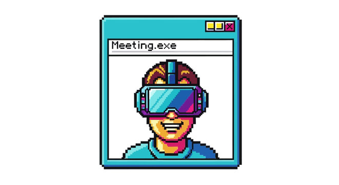 Pixel Art Illustration of a Person in a VR Headset inside a Retro Computer Window Labeled "Meeting.exe", Symbolizing Virtual Business and Metaverse Connectivity