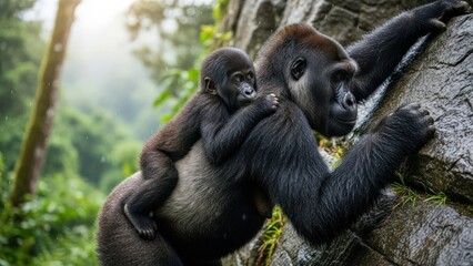 Naklejka premium Gorilla Mother and Baby in Jungle Habitat.