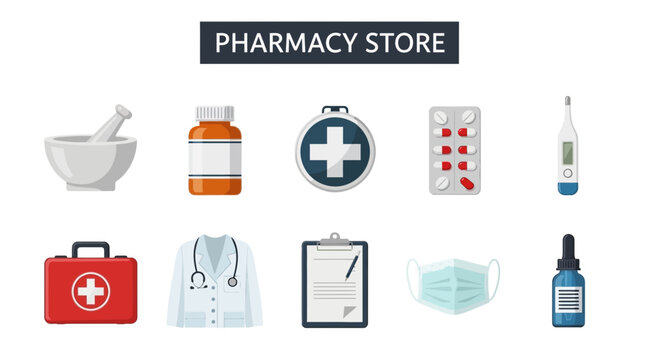 Flat illustration of pharmacy and medical items under a PHARMACY STORE banner