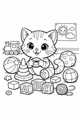 Playful cartoon kitten surrounded by balls, blocks, and stacking toys creates a joyful nursery scene ideal for children?s coloring pages, preschool decor, and toy branding.