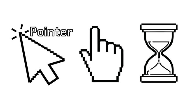 Retro Pixel Art Computer Cursor Icons Set Including Pointer, Hand, and Loading Hourglass Symbols for Digital User Interface (UI) Design and Navigation