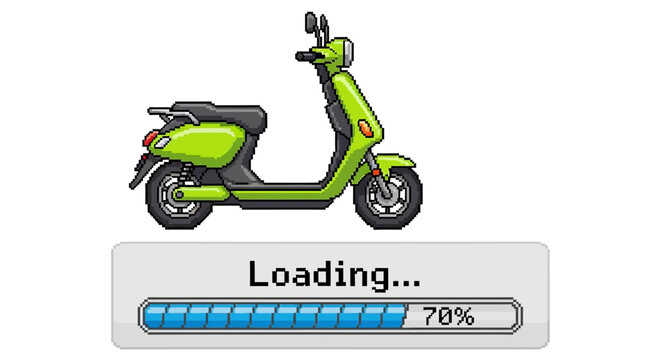 Retro Pixel Art Electric Scooter Icon with Loading Bar Showing 70% Progress on a White Background