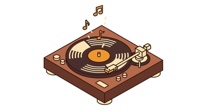 Isometric Retro Turntable Illustration with Vinyl Record and Musical Notes Floating Above