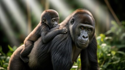Obraz premium Gorilla Mother and Baby in Jungle Environment.