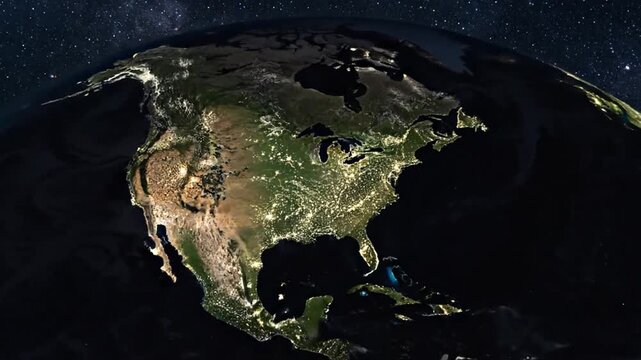 Planet Earth from space with visible continents and city lights