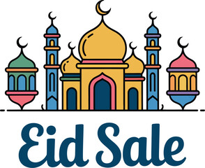 Obraz premium Eid Sale Promotional Banner with Mosque Silhouette and Colorful Abstract Background