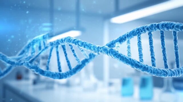 DNA helix structure in a laboratory setting with scientific equipment and blurred background