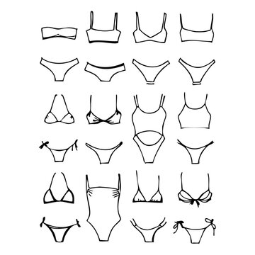 High-quality vector illustration showcasing various types of women's underwear in flat design style, perfect for fashion, retail, and apparel commercial projects.