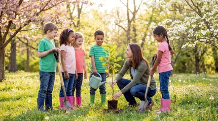 Fototapeta premium Children planting young tree in park with teacher on sunny spring day