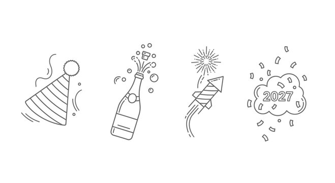 New Year 2027 Celebration Icons: Party Hat, Champagne Bottle, Rocket, Confetti