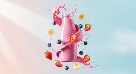 Fototapeta premium a clear bottle with fruit explosion and liquid splash